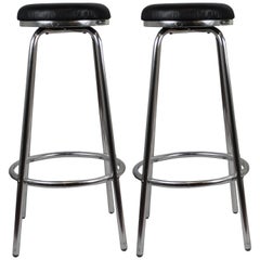 Italian High Stools, Aluminium Legs, Black Leather Seats