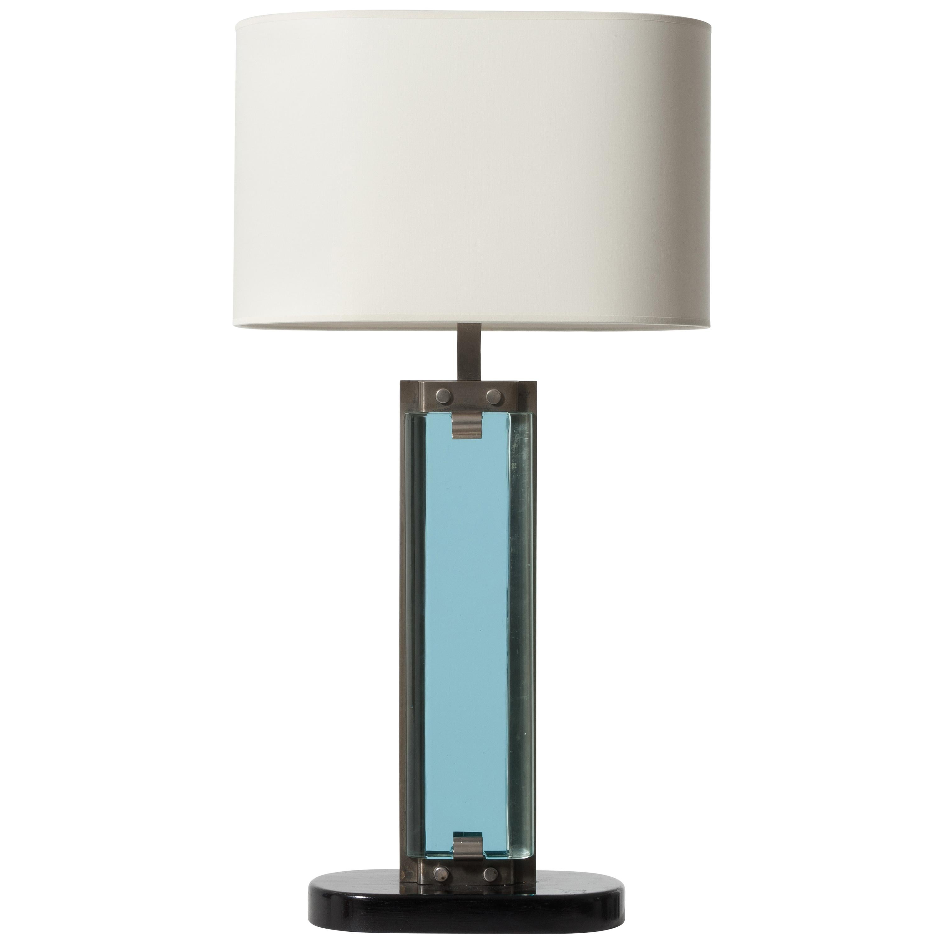 Italian High Vintage Table Lamp Wood Metal and Thick Glass by Fontana Arte, 1940 For Sale