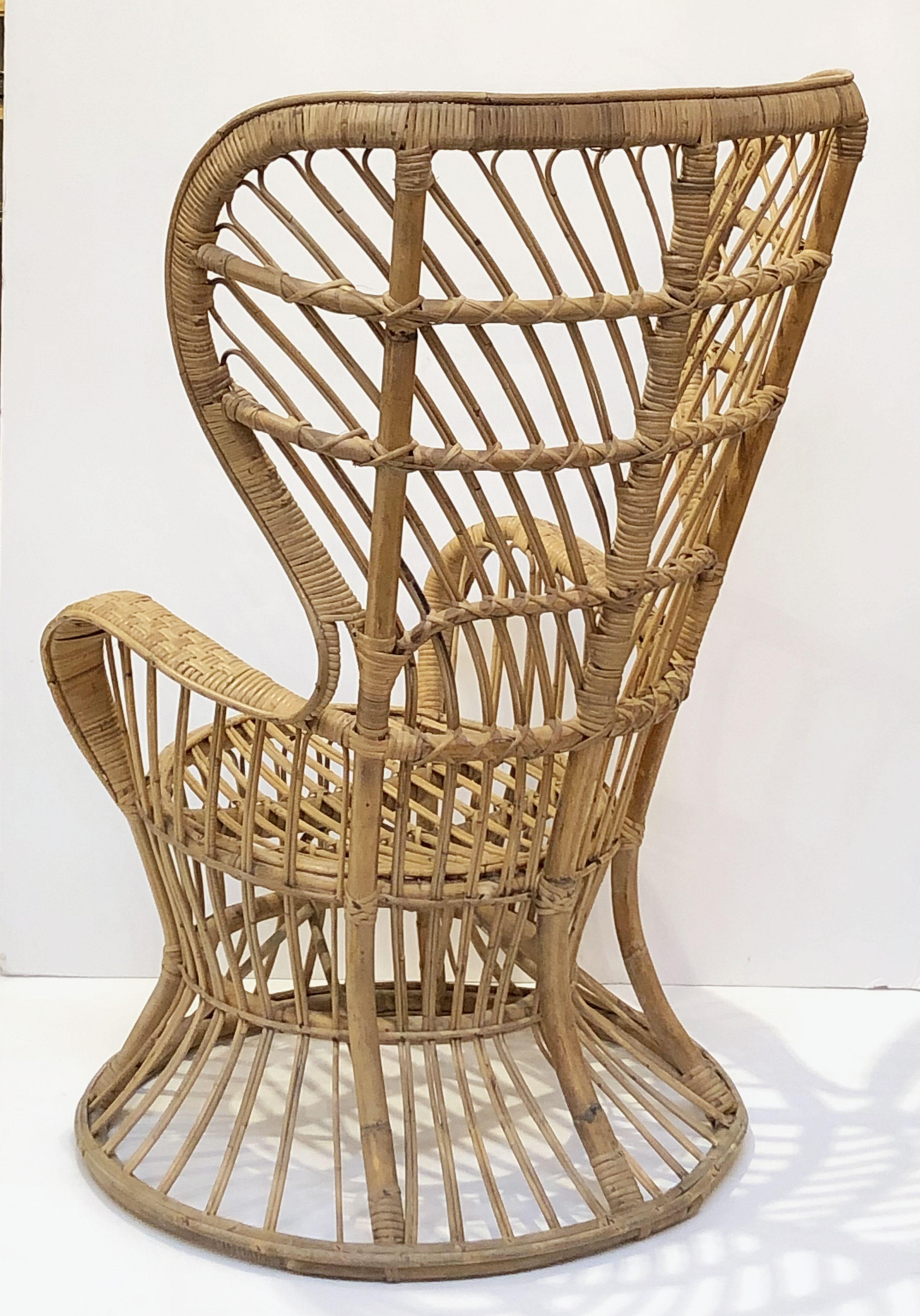 Mid-Century Modern Italian High Wingback Armchair of Bamboo and Rattan
