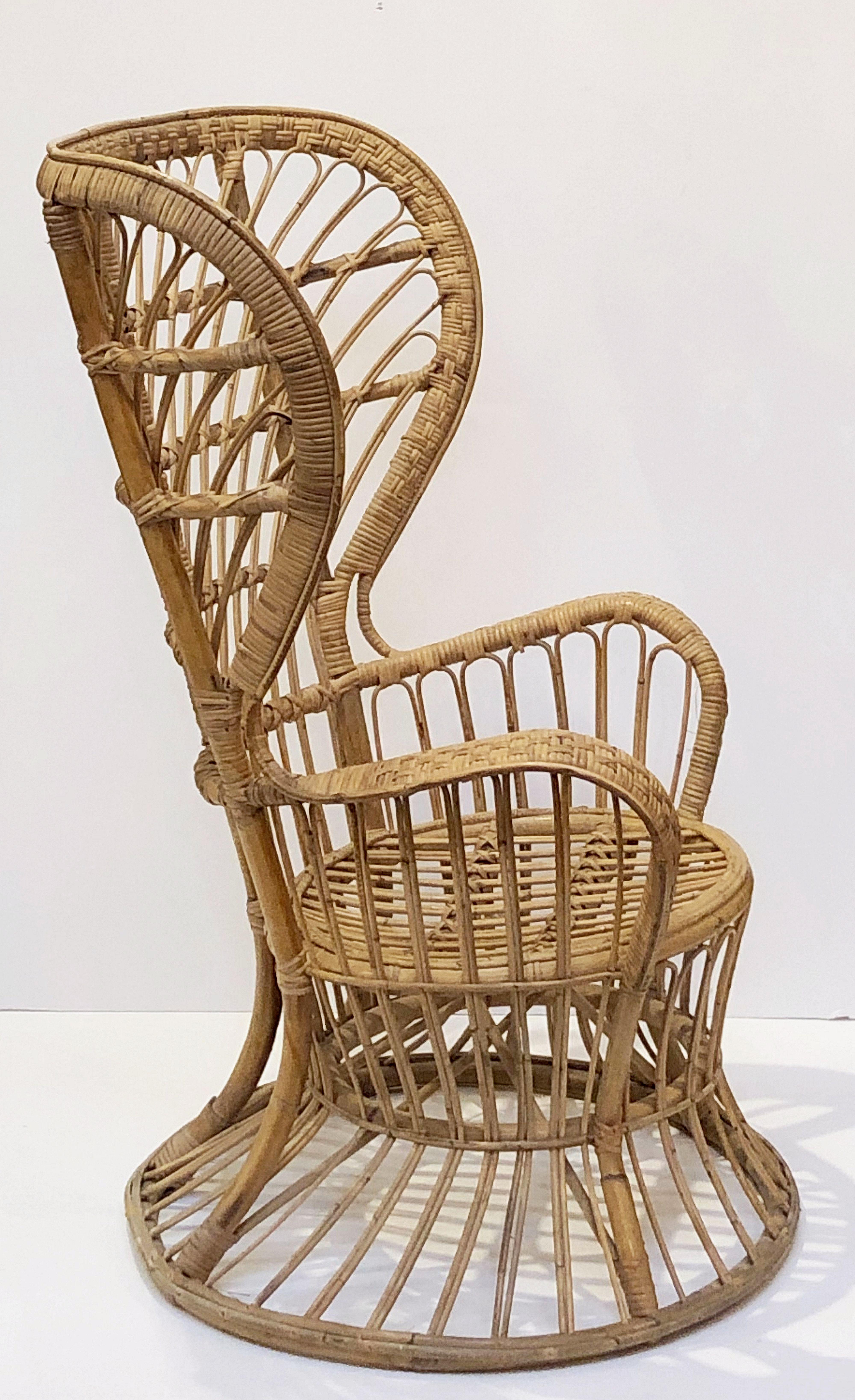 Natural Fiber Italian High Wingback Armchair of Bamboo and Rattan