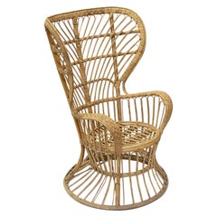 Vintage Italian High Wingback Armchair of Bamboo and Rattan