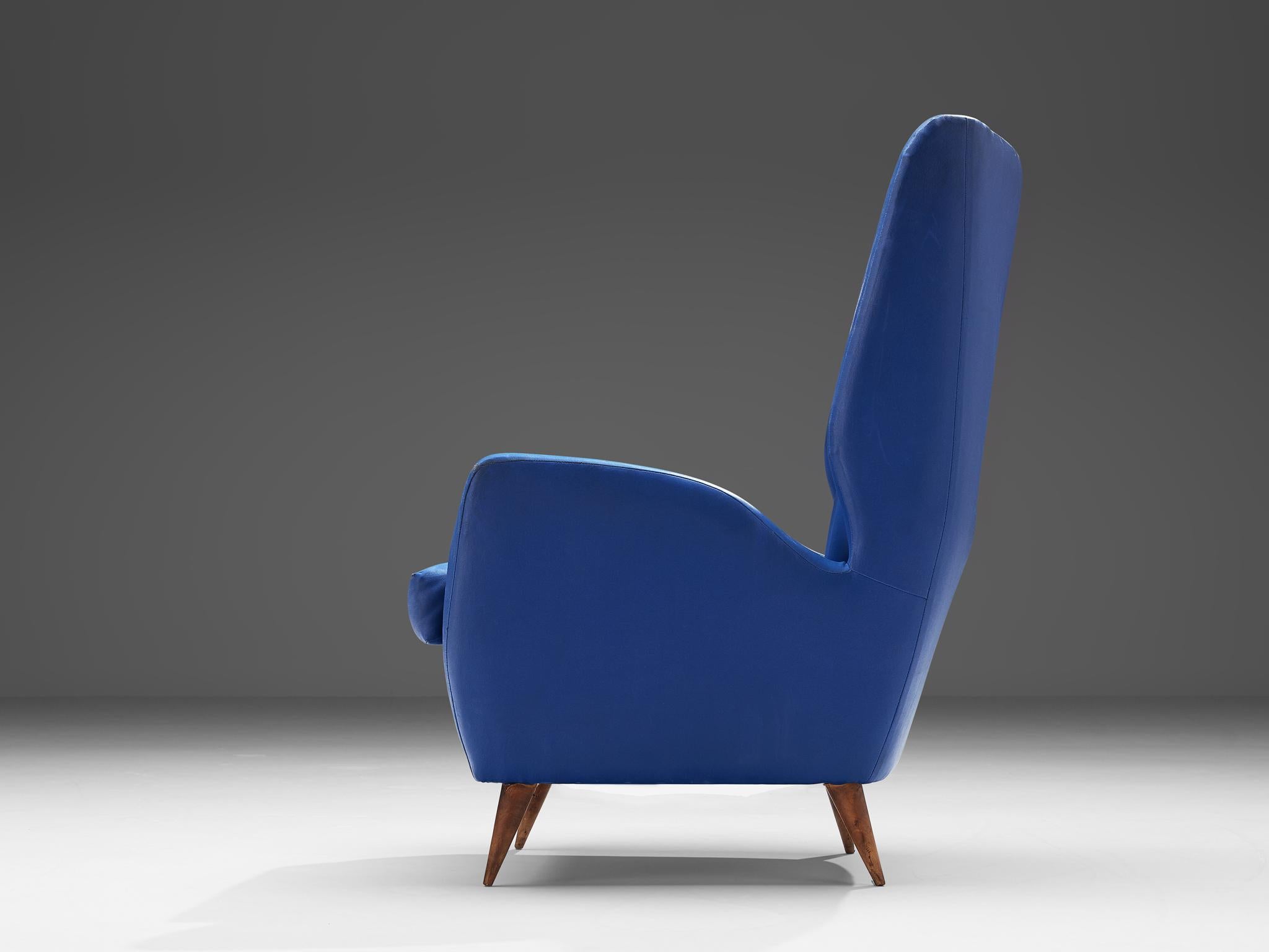 Mid-Century Modern Italian High Back Lounge Chair in Blue Leather For Sale