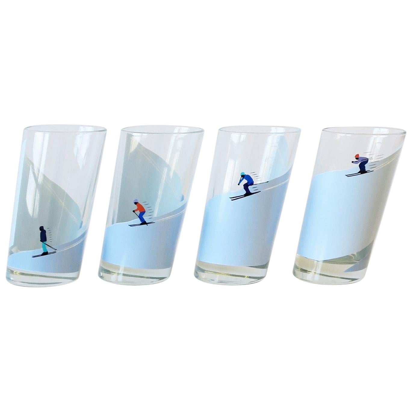 Italian Highball Cocktail Glasses with Winter Alpine Snow Skiers, Set of 4