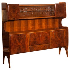 Italian Highboard or Buffet Cabinet in Burl Wood and Walnut by Vittorio Dassi