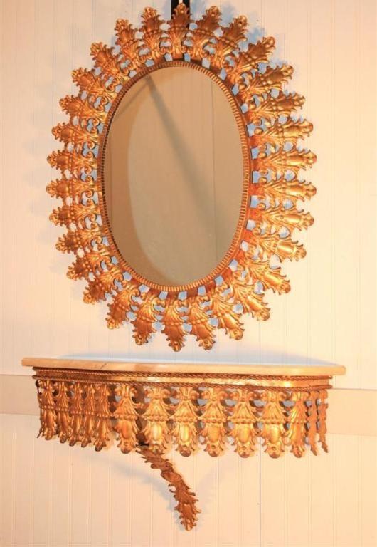 Hollywood Regency Italian Hollywood Regemcy Gold Gilt Metal Sunburst Wall Mirror & Console Table For Sale