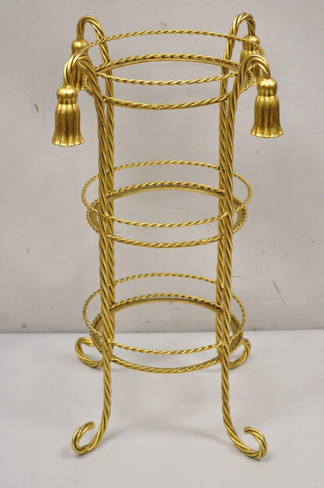 Vintage Italian Hollywood Regency 3 Tier Gold Iron Rope Tassel Muffin Stand Accent Side Tables - Single. Item features 3 round tiers (approx. 11.25 diameter. Does not include glass). Iron metal frame, gold leaf gilt finish, tassel form accents,