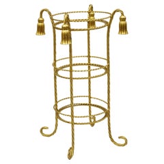 Italian Hollywood Regency 3 Tier Gold Iron Rope Tassel Stand Side Table, Single