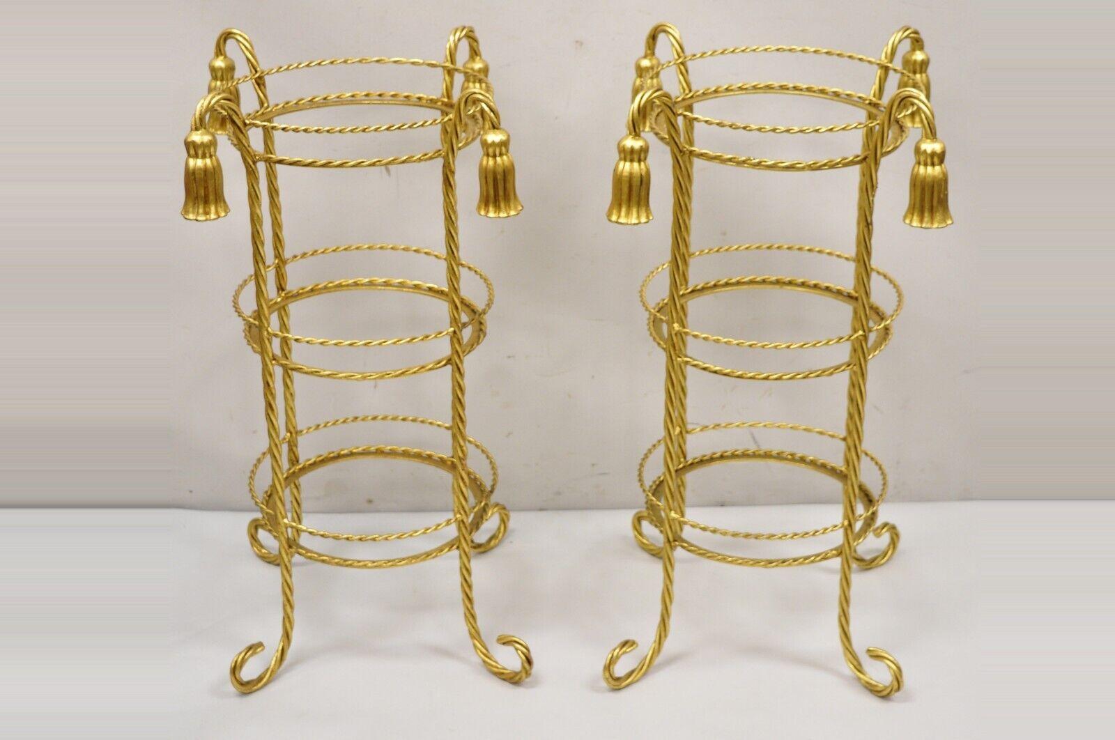 Italian Hollywood Regency 3 Tier Gold Iron Rope Tassel Stand Side Tables, Pair For Sale 7