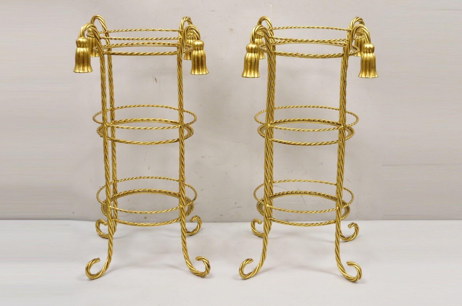 Vintage Italian Hollywood Regency 3 Tier Gold Iron Rope Tassel Muffin stand Accent Side Tables - a Pair. Item features 3 round tiers (approx. 11.25 diameter. Does not include glass). Iron metal frame, gold leaf gilt finish, tassel form accents,