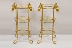 Italian Hollywood Regency 3 Tier Gold Iron Rope Tassel Stand Side Tables, Pair