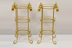 Italian Hollywood Regency 3 Tier Gold Iron Rope Tassel Stand Side Tables - Pair