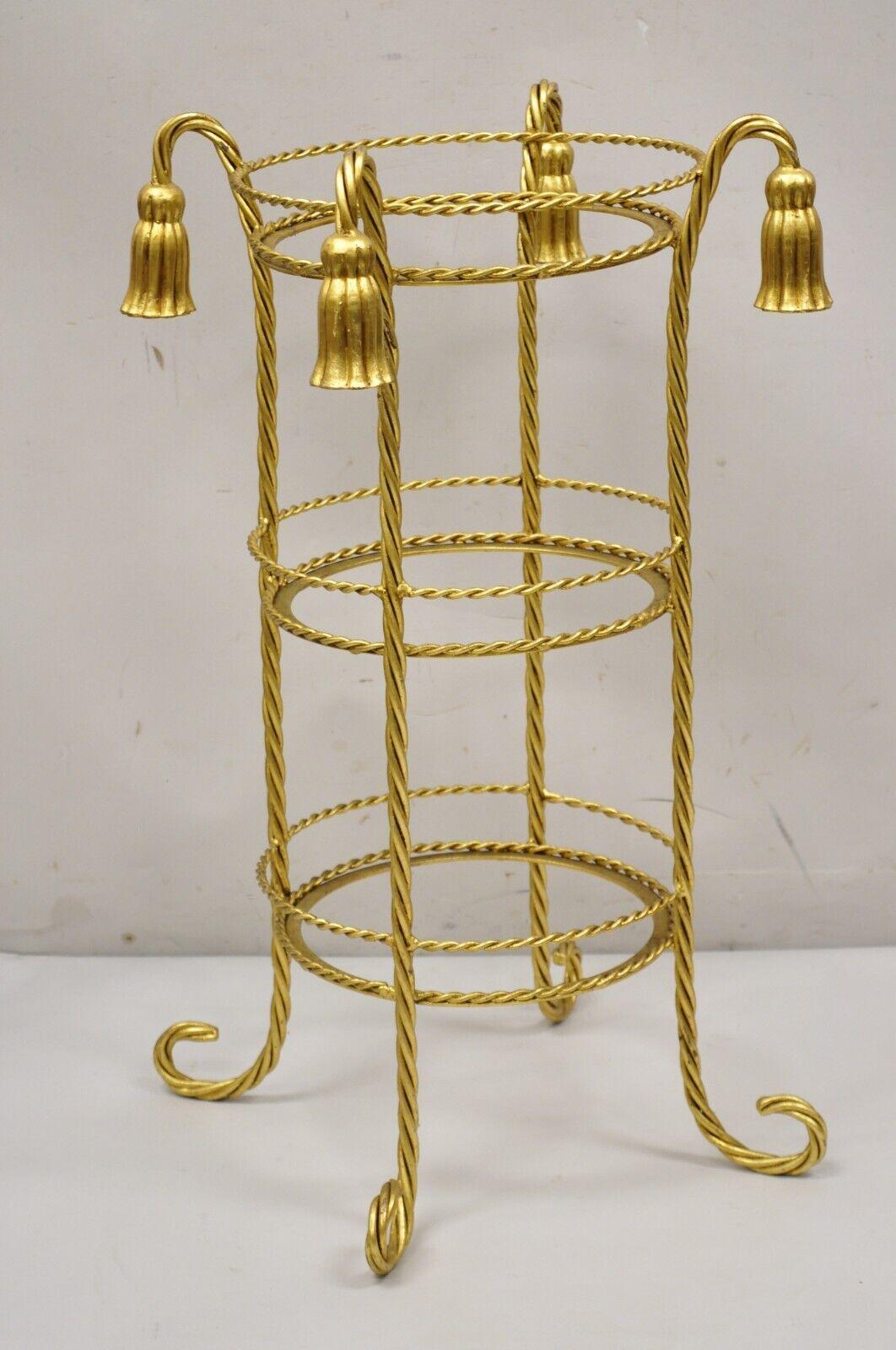 Italian Hollywood Regency 3 Tier Gold Iron Rope Tassel Stand Side Tables, Pair For Sale 4
