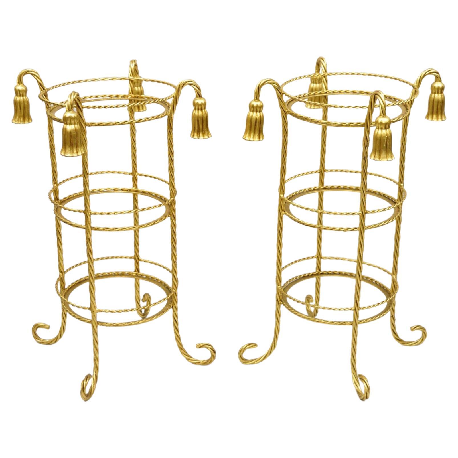 Italian Hollywood Regency 3 Tier Gold Iron Rope Tassel Stand Side Tables, Pair