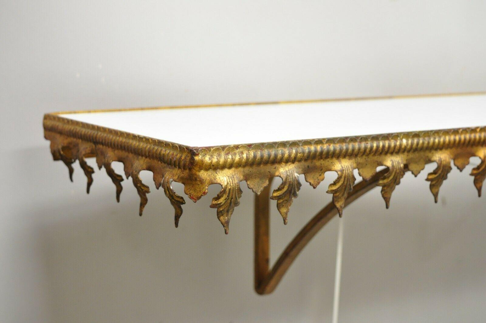 Italian Hollywood Regency Gold Gilt Iron Milk Glass Wall Console Table In Good Condition In Philadelphia, PA