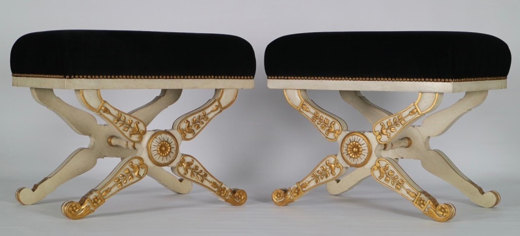 Painted Italian Hollywood Regency Benches in Carved Wood and Black Velvet