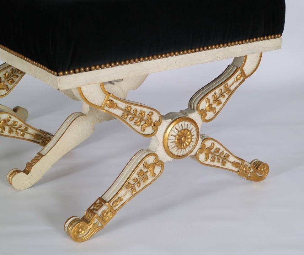 Italian Hollywood Regency Benches in Carved Wood and Black Velvet 1
