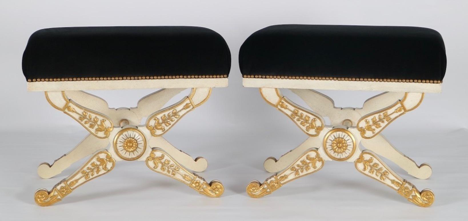 Italian Hollywood Regency Benches in Carved Wood and Black Velvet 2