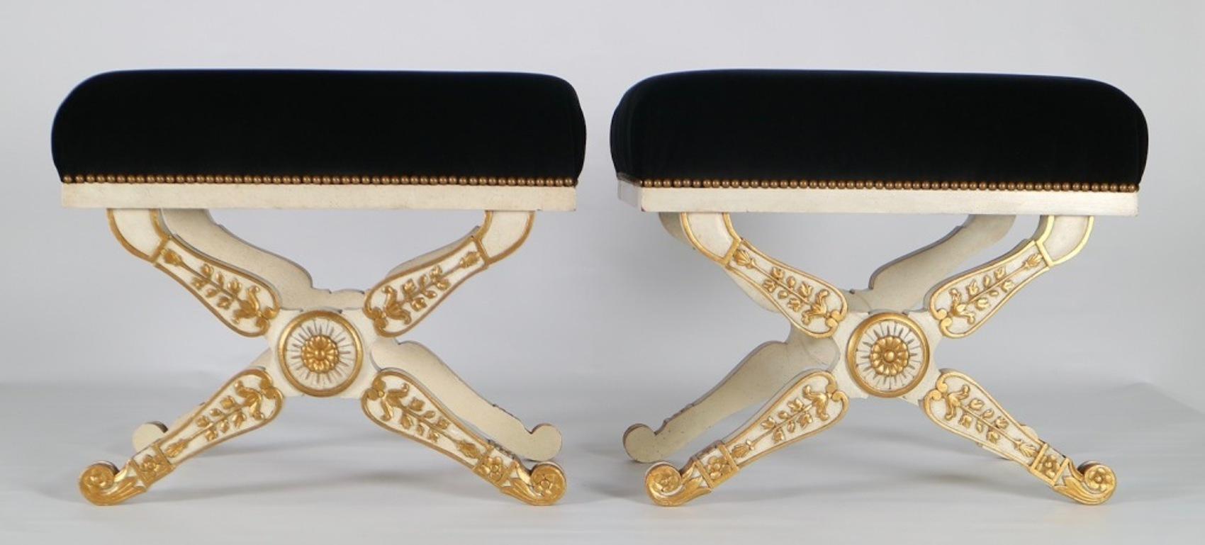 Italian Hollywood Regency Benches in Carved Wood and Black Velvet 3