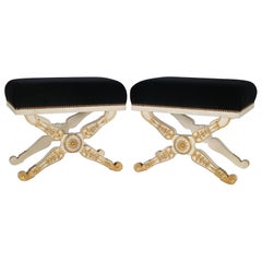 Italian Hollywood Regency Benches in Carved Wood and Black Velvet
