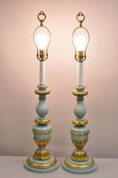 Italian Hollywood Regency Blue & Gold Carved Wood Candlestick Table Lamp - Pair