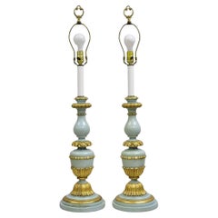 Italian Hollywood Regency Blue & Gold Carved Wood Candlestick Table Lamp - Pair