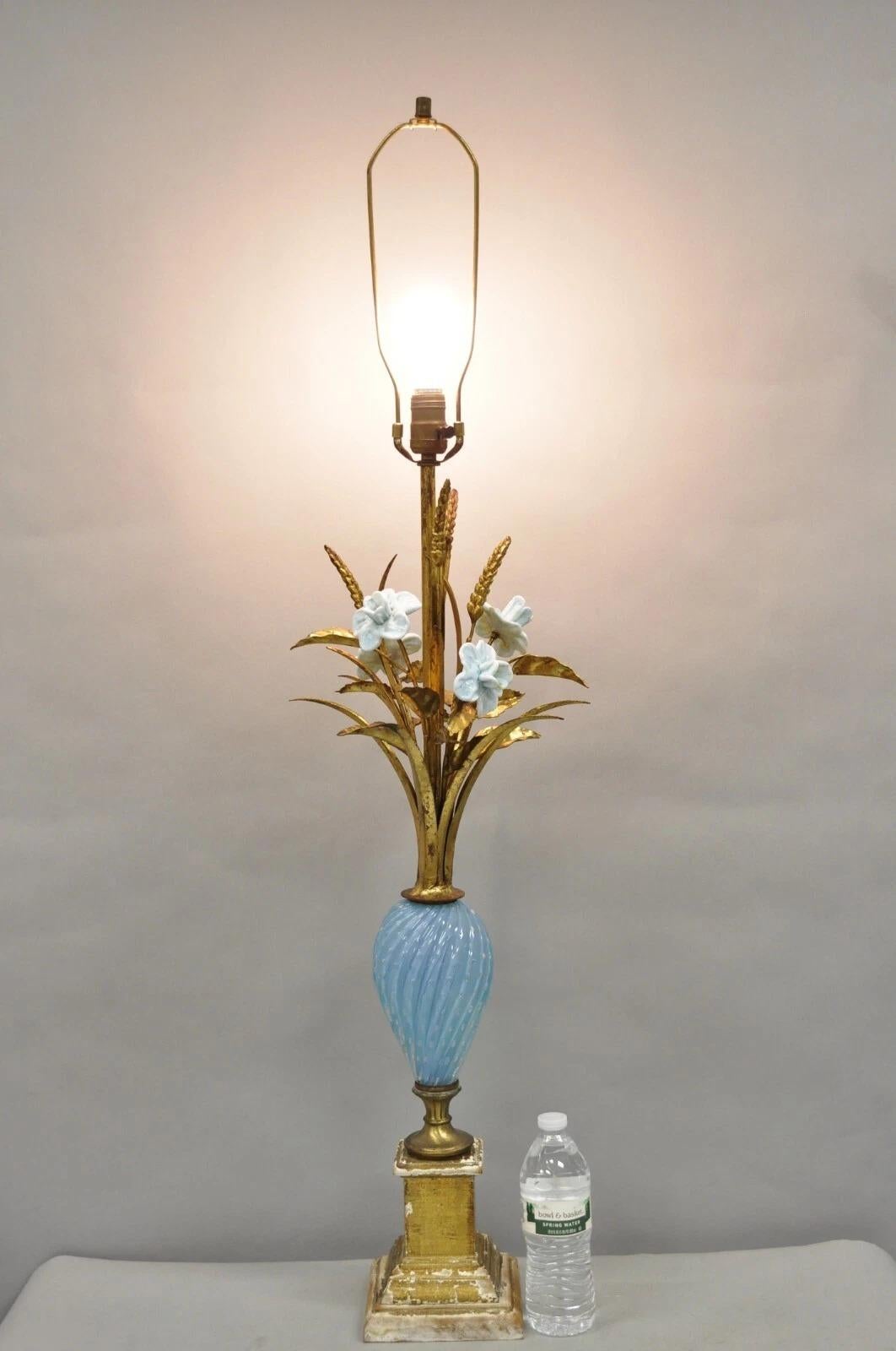 Vintage Italian Hollywood Regency Blue Murano Glass Gold Leaf Wheat Sheaf Table Lamp. Circa Mid 20th Century. Measurements: 45
