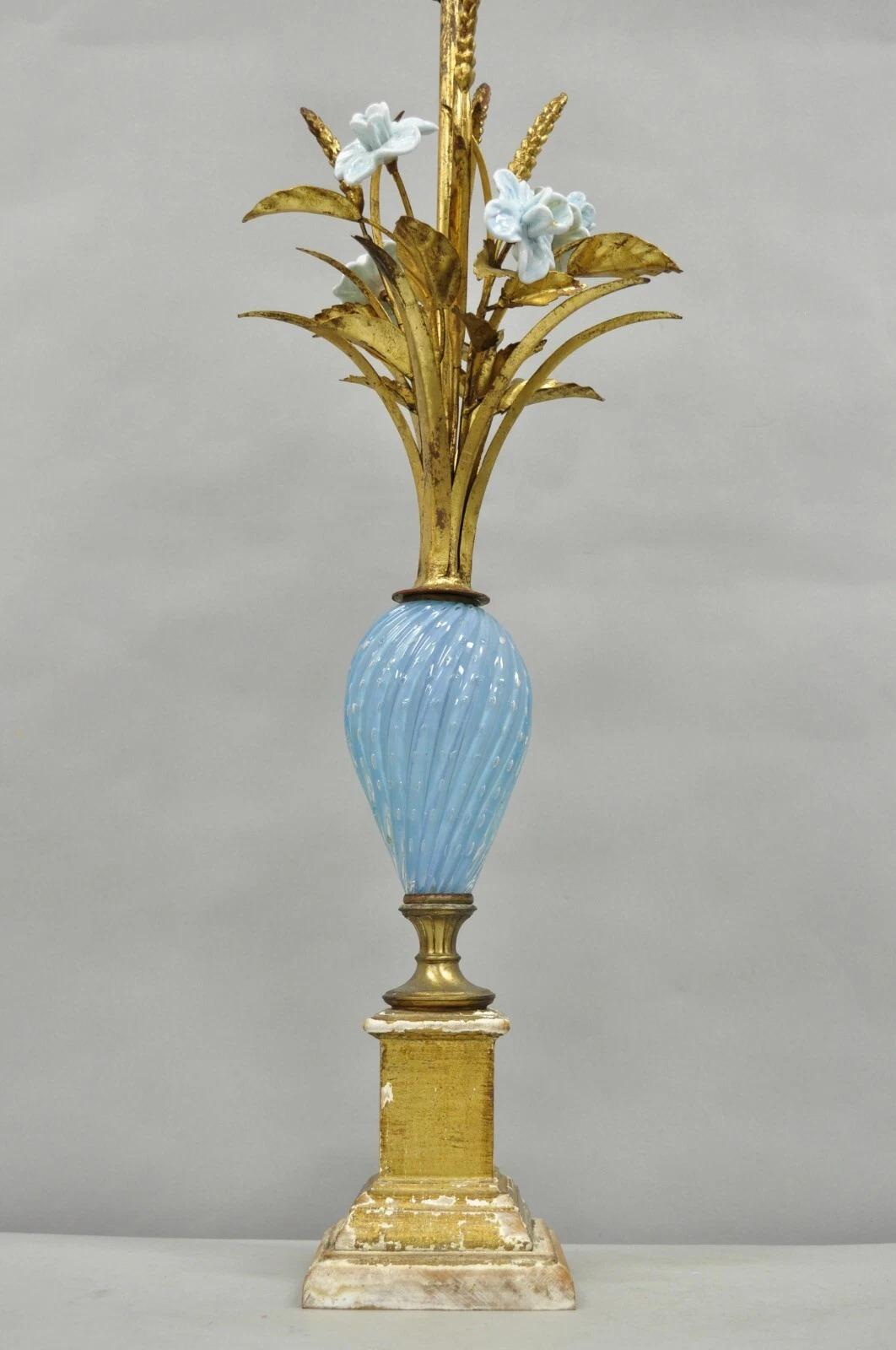 Unknown Italian Hollywood Regency Blue Murano Glass Gold Leaf Wheat Sheaf Table Lamp For Sale