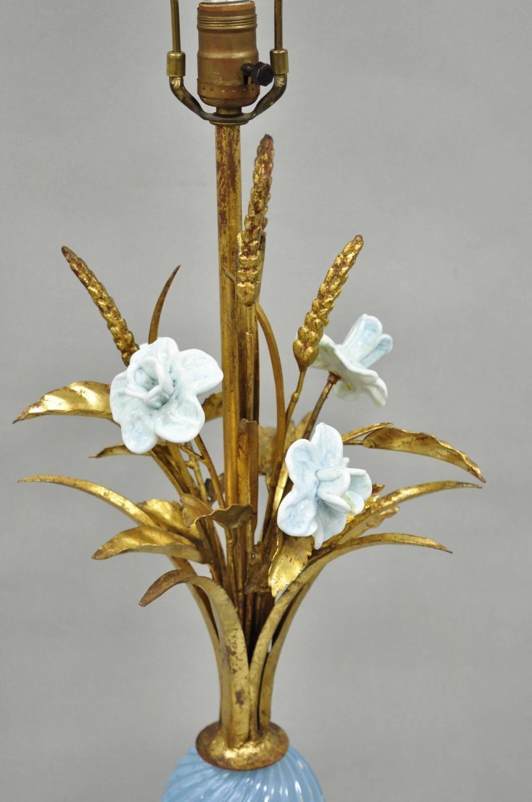 20th Century Italian Hollywood Regency Blue Murano Glass Gold Leaf Wheat Sheaf Table Lamp For Sale