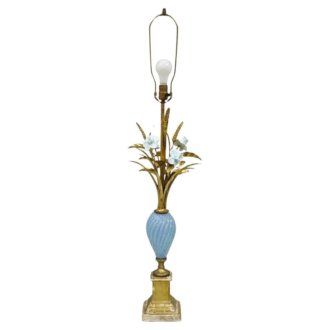 Italian Hollywood Regency Blue Murano Glass Gold Leaf Wheat Sheaf Table Lamp For Sale