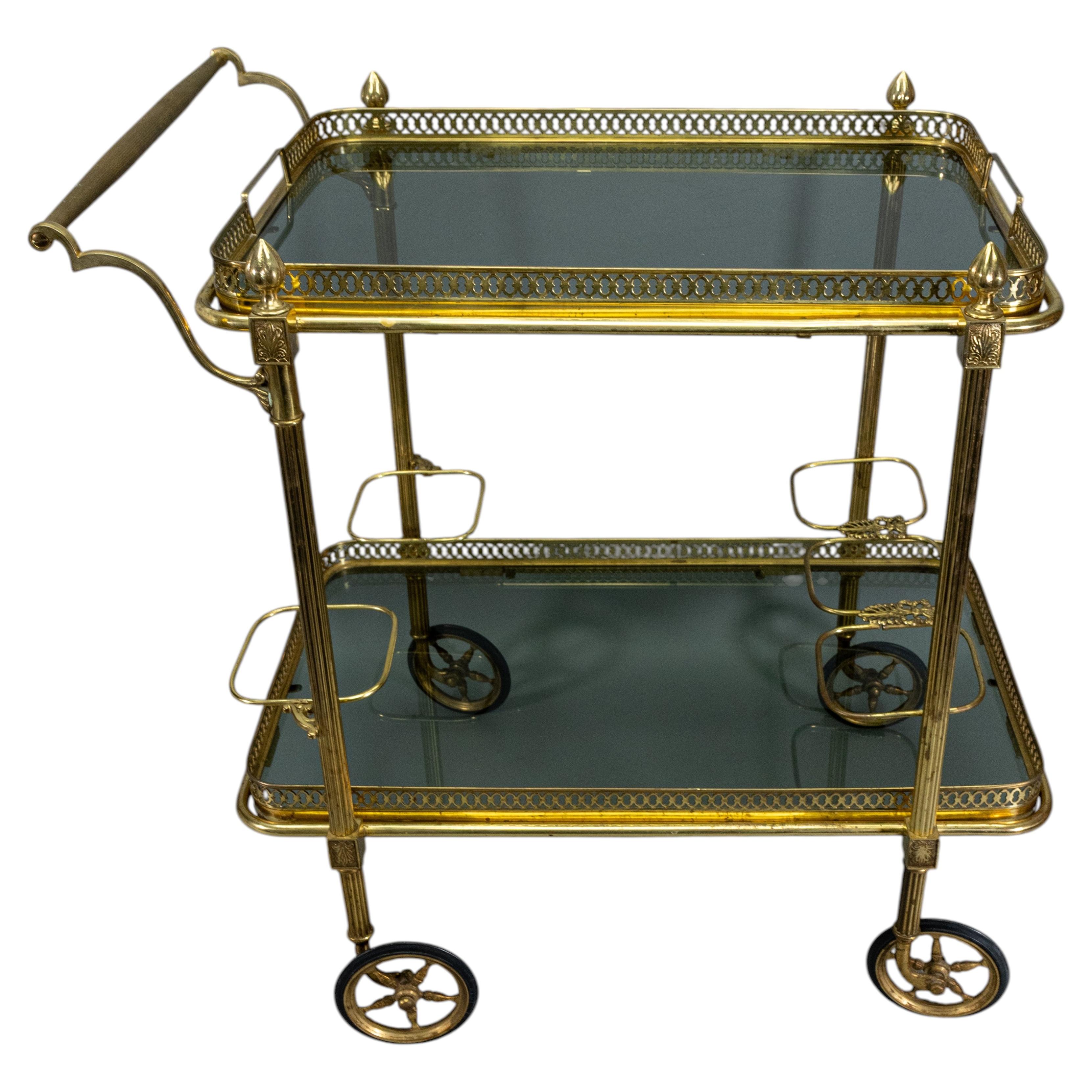 Italian Hollywood Regency Brass and Smoked Glass Bar Cart, Two-Tier, 1970s