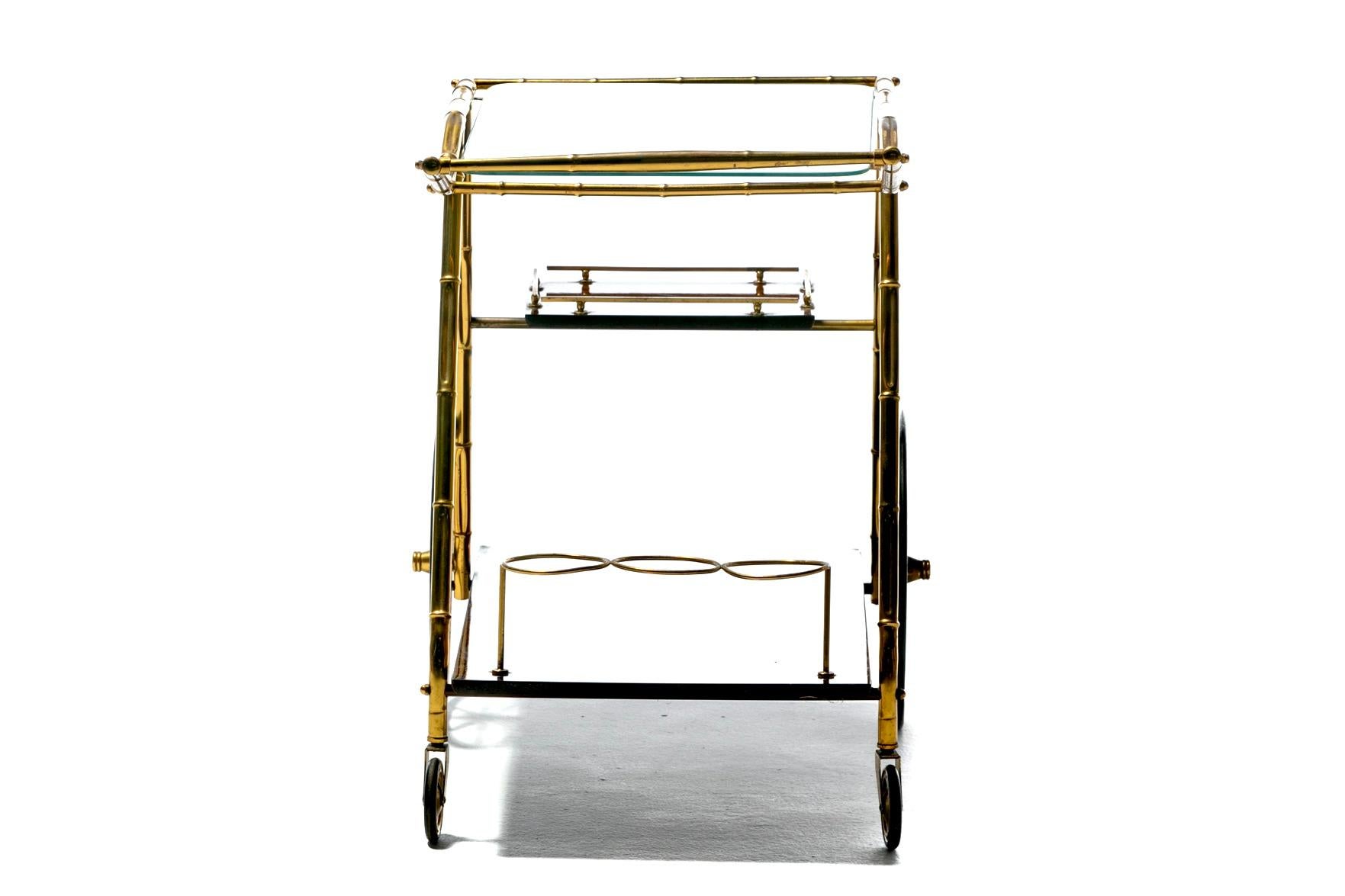 Mid-20th Century Italian Hollywood Regency Brass Faux Bamboo & Wood Bar Cart circa 1960s For Sale