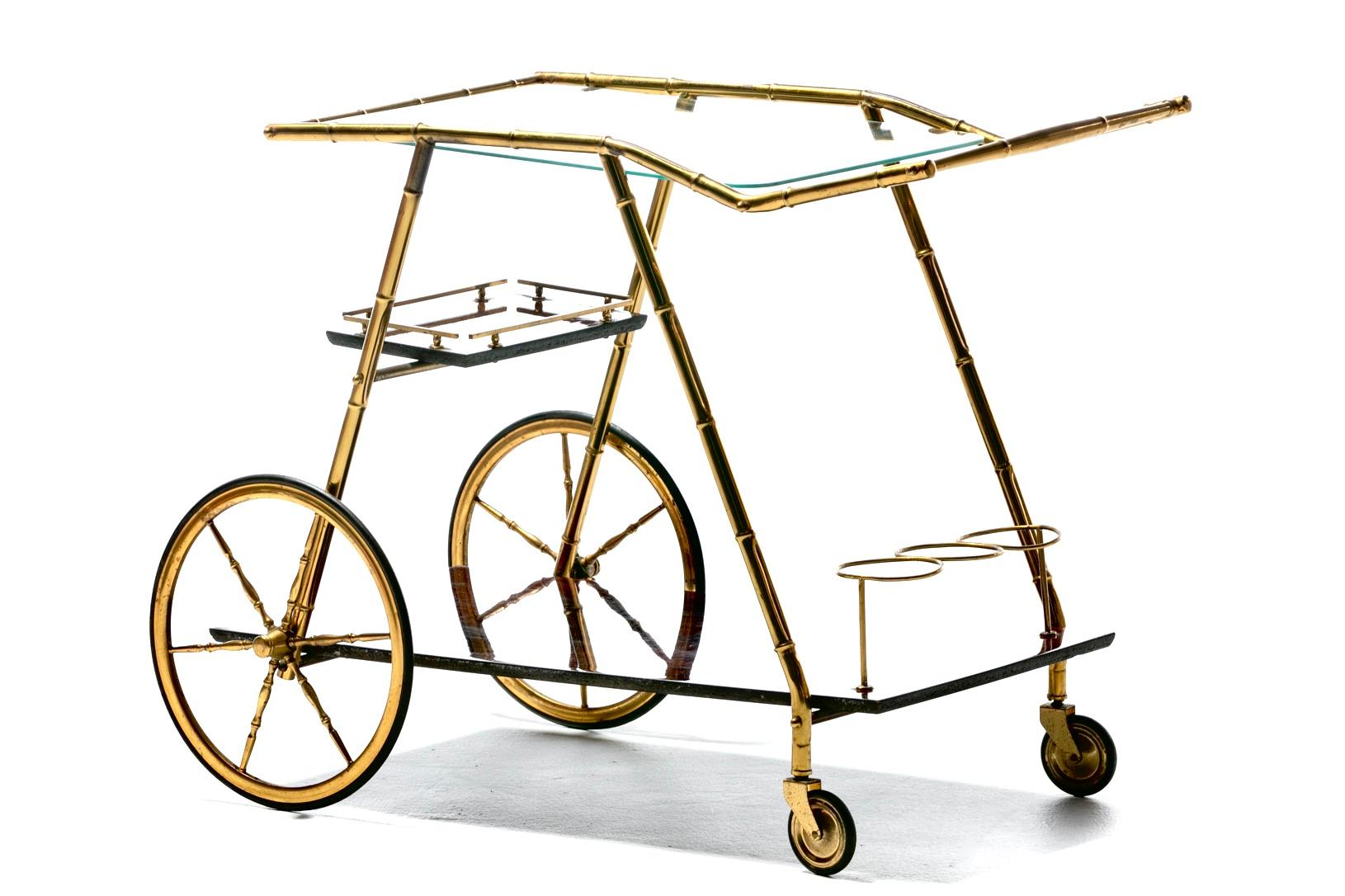 Italian Hollywood Regency Brass Faux Bamboo & Wood Bar Cart circa 1960s For Sale 1