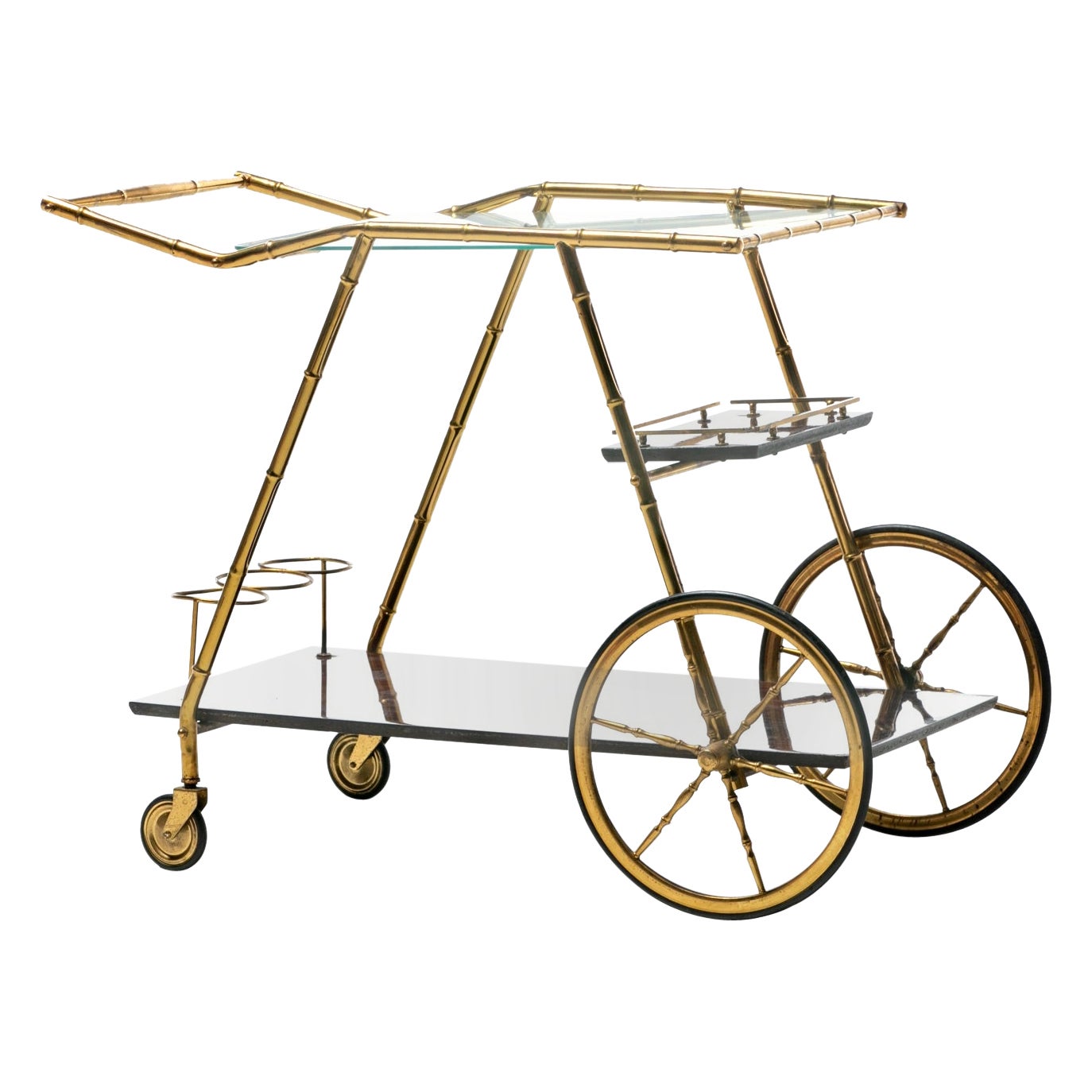 Italian Hollywood Regency Brass Faux Bamboo & Wood Bar Cart circa 1960s
