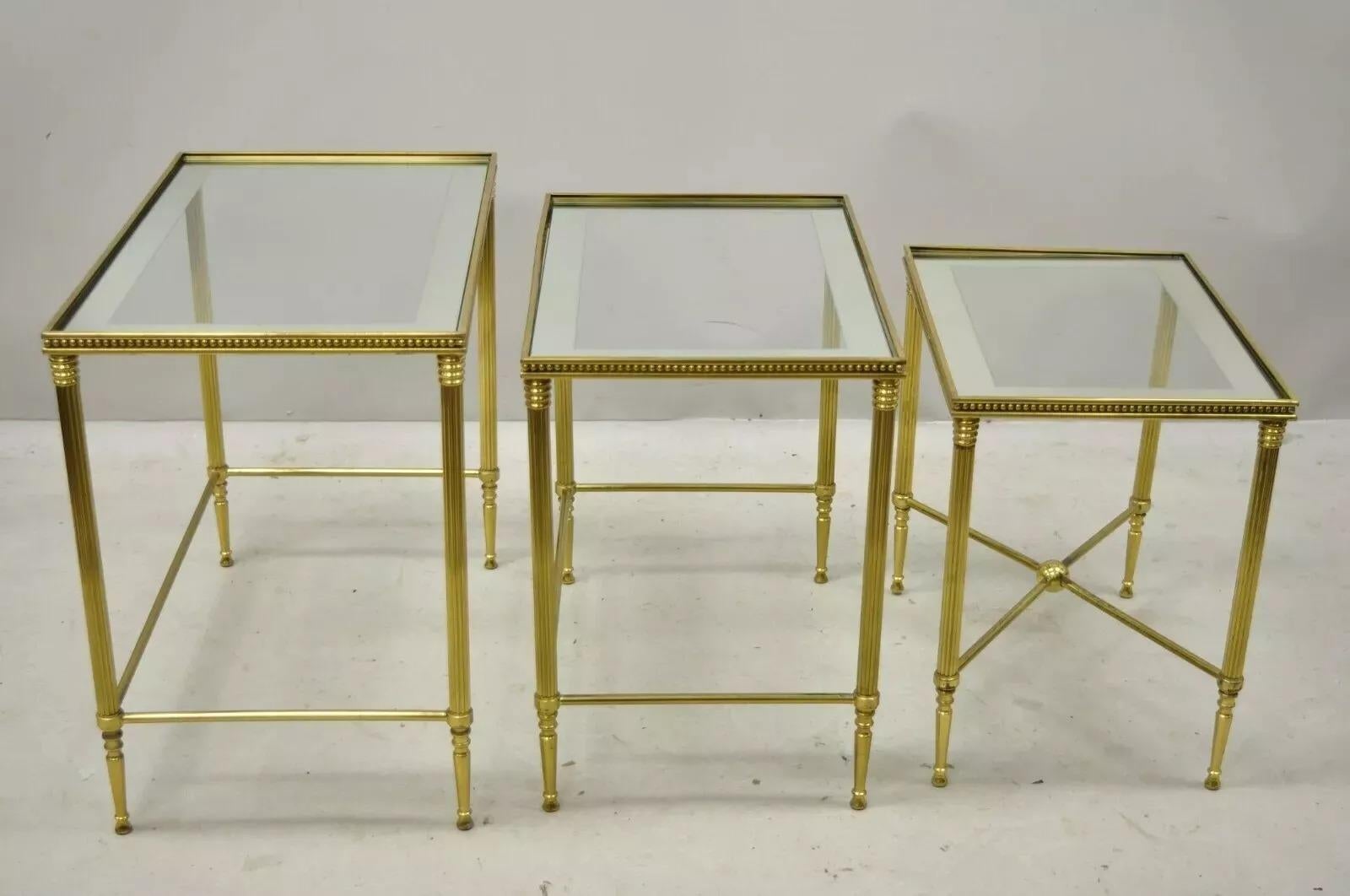 Italian Hollywood Regency Brass Mirror Glass Top Nesting Side Tables - Set 3 For Sale 7