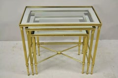Italian Hollywood Regency Brass Mirror Glass Top Nesting Side Tables - Set 3