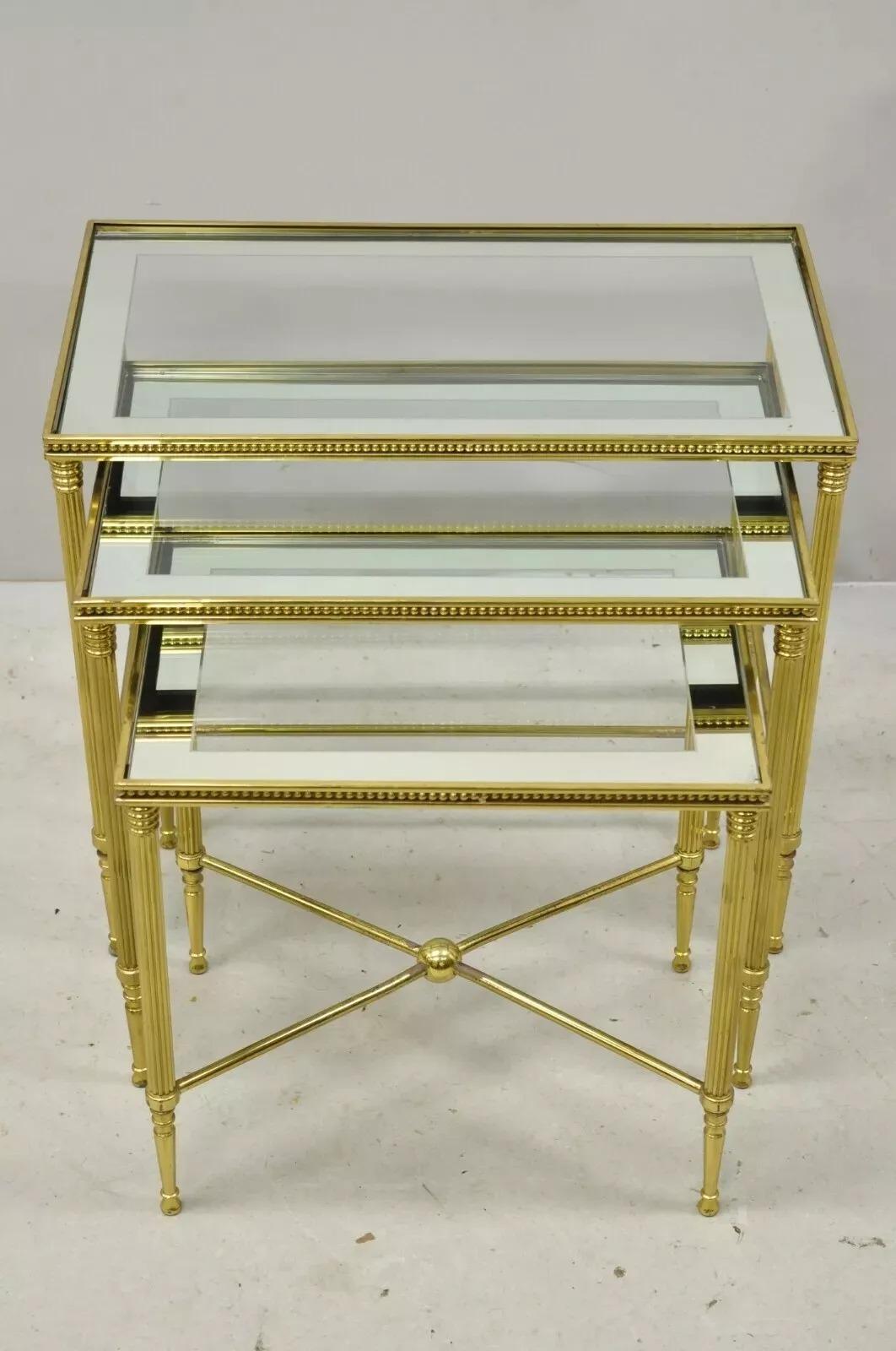 Unknown Italian Hollywood Regency Brass Mirror Glass Top Nesting Side Tables - Set 3 For Sale