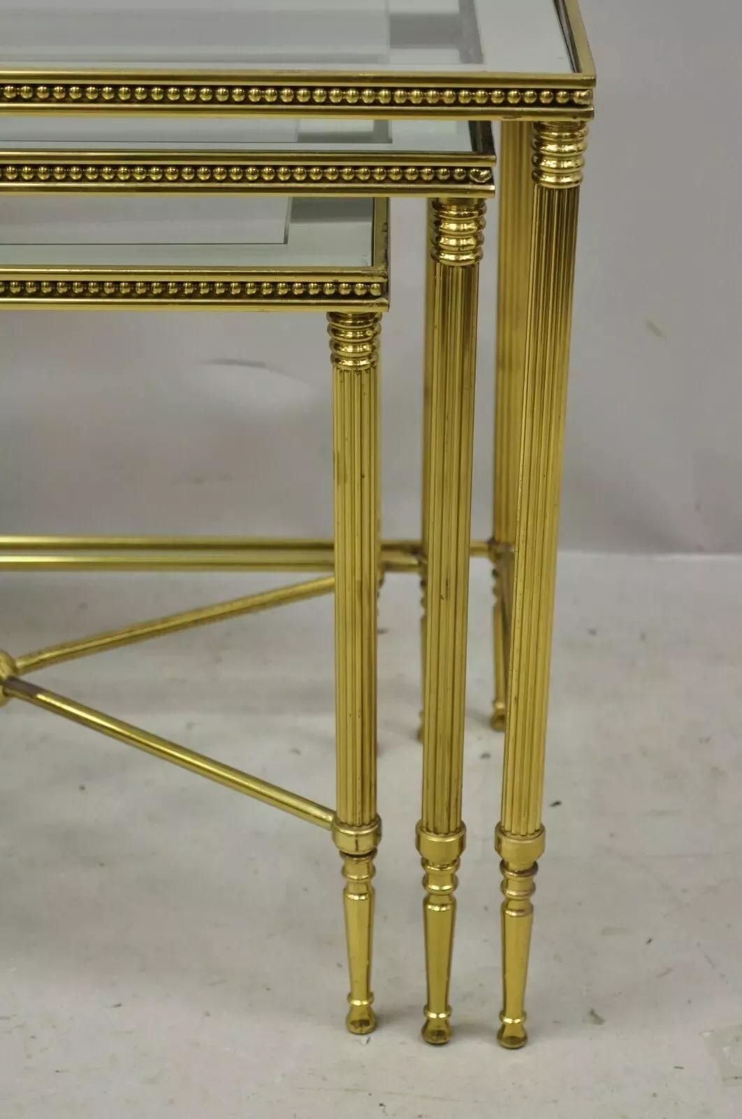 20th Century Italian Hollywood Regency Brass Mirror Glass Top Nesting Side Tables - Set 3 For Sale