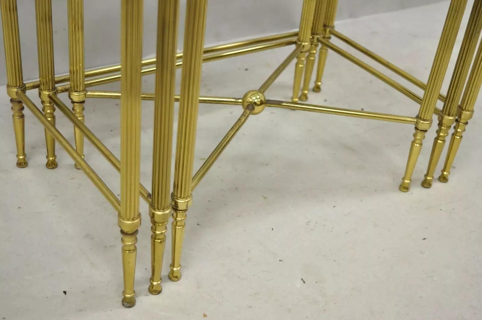 Italian Hollywood Regency Brass Mirror Glass Top Nesting Side Tables - Set 3 For Sale 1