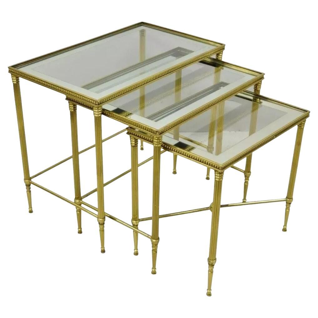 Italian Hollywood Regency Brass Mirror Glass Top Nesting Side Tables - Set 3