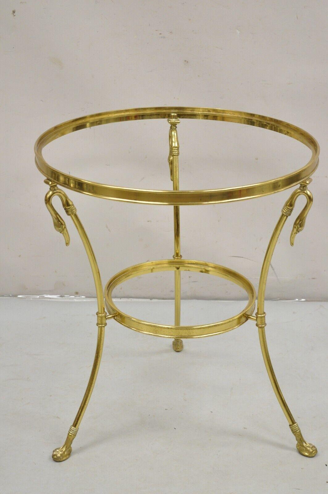 Italian Hollywood Regency Brass Swan Tripod 2 Tier Round Occasional Side Table For Sale 6