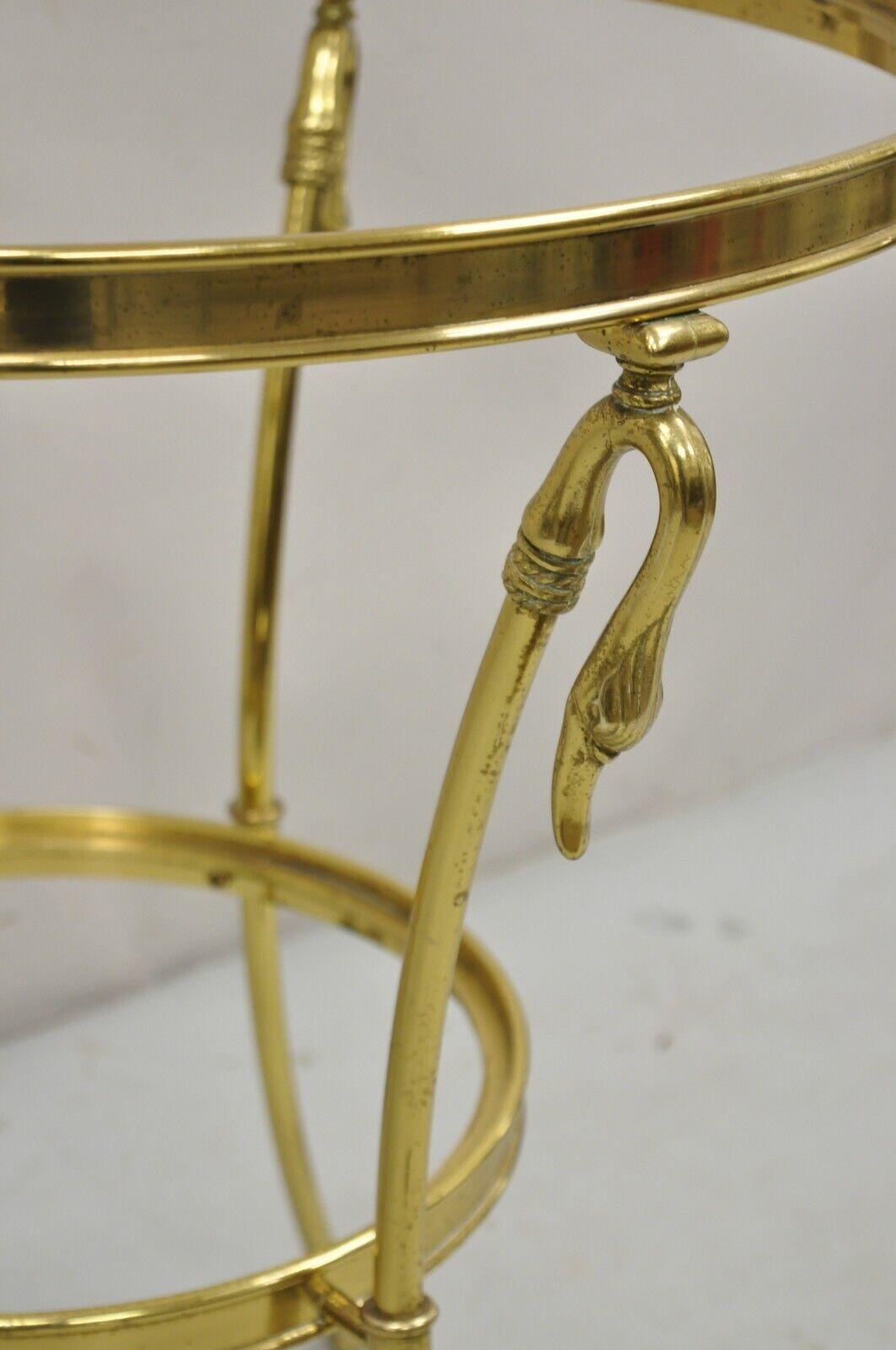 Italian Hollywood Regency Brass Swan Tripod 2 Tier Round Occasional Side Table In Good Condition For Sale In Philadelphia, PA