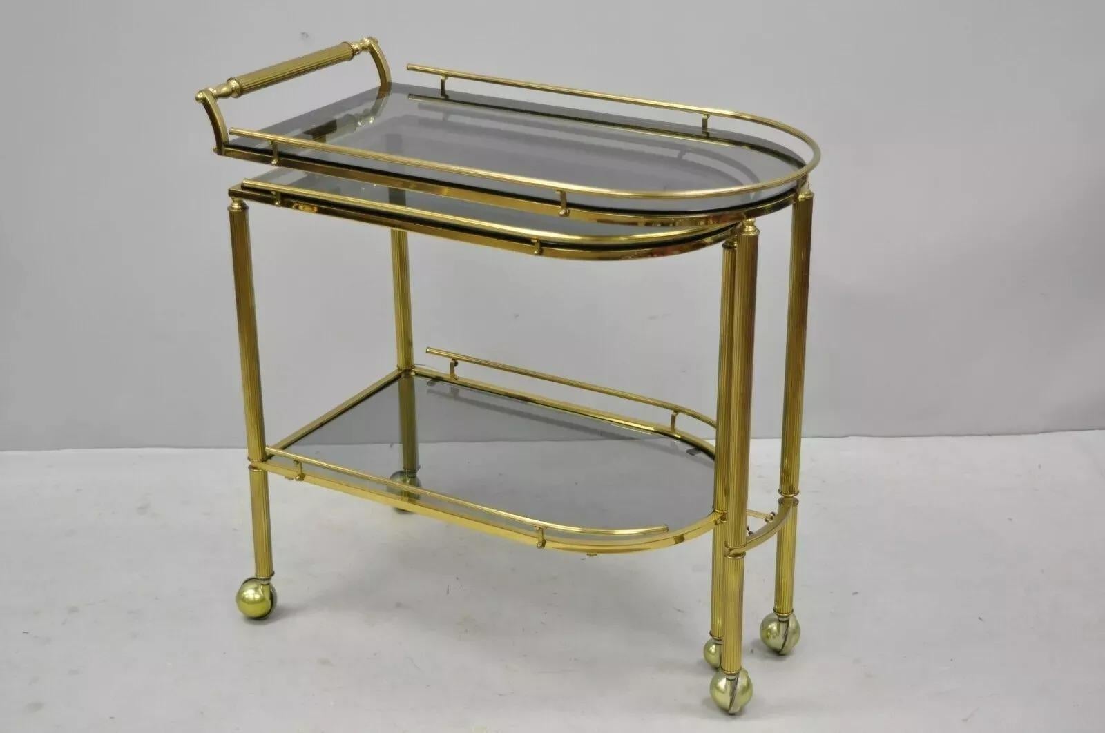 Italian Hollywood Regency Brass Swivel Rolling Bar Cart Server with Smoked Glass For Sale 7