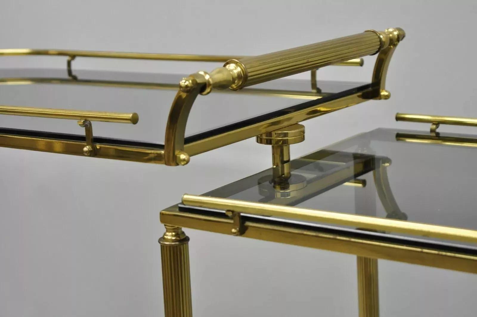 Italian Hollywood Regency Brass Swivel Rolling Bar Cart Server with Smoked Glass For Sale 1