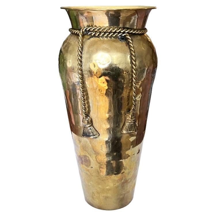 Italian Hollywood Regency Brass Trompe L'Oeil Ribbon Tassel Vase or Urn For Sale