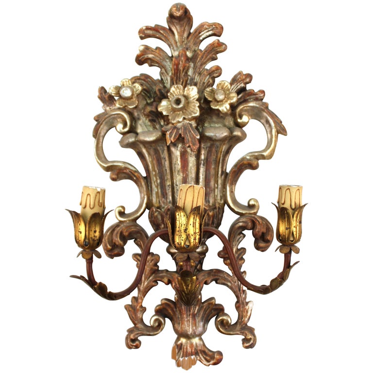 Italian Hollywood Regency Carved Wood Floral Sconce For Sale at 1stDibs