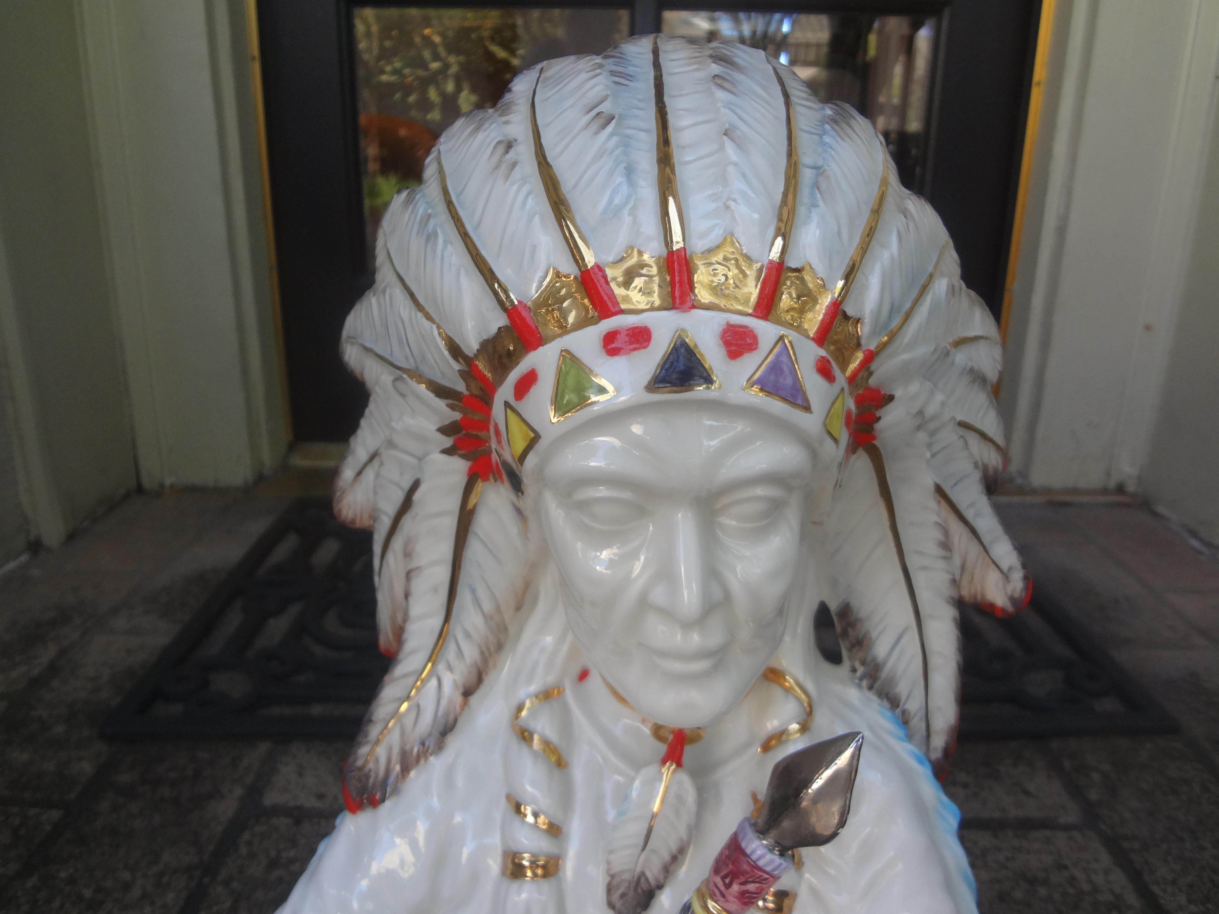 Italian Hollywood Regency Ceramic Indian Chief In Good Condition For Sale In Houston, TX