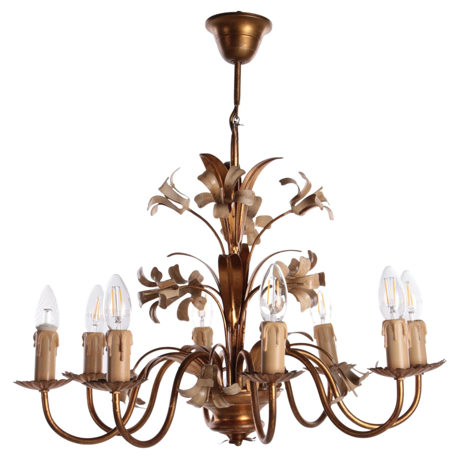 1960s Italian Gilded Rose Flower Tole Chandelier Hollywood Regency