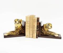 Italian Hollywood Regency Cheetah Ceramic Bookends, Set of Two