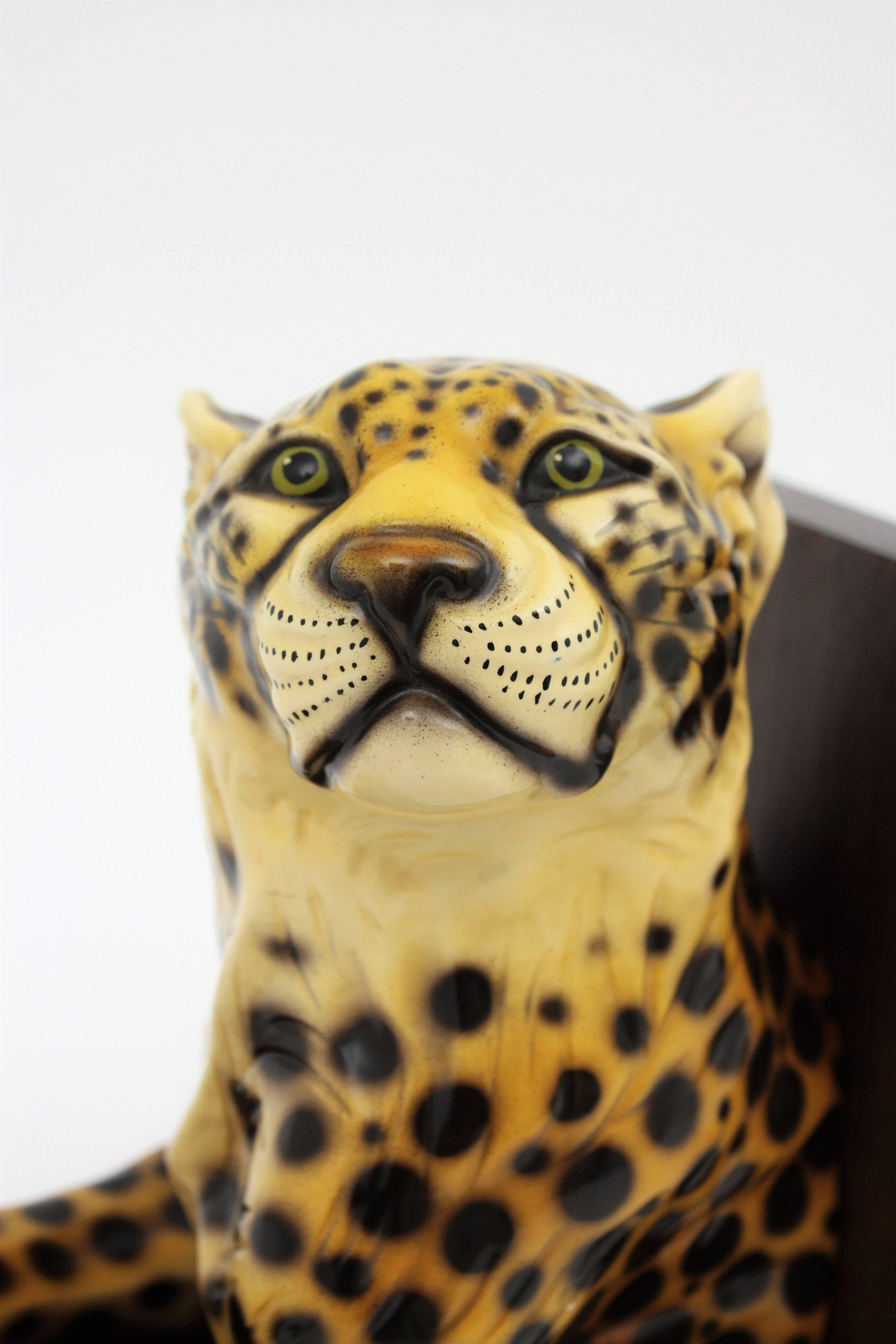 Italian Hollywood Regency Cheetah Ceramic Bookends, Set of Two 1