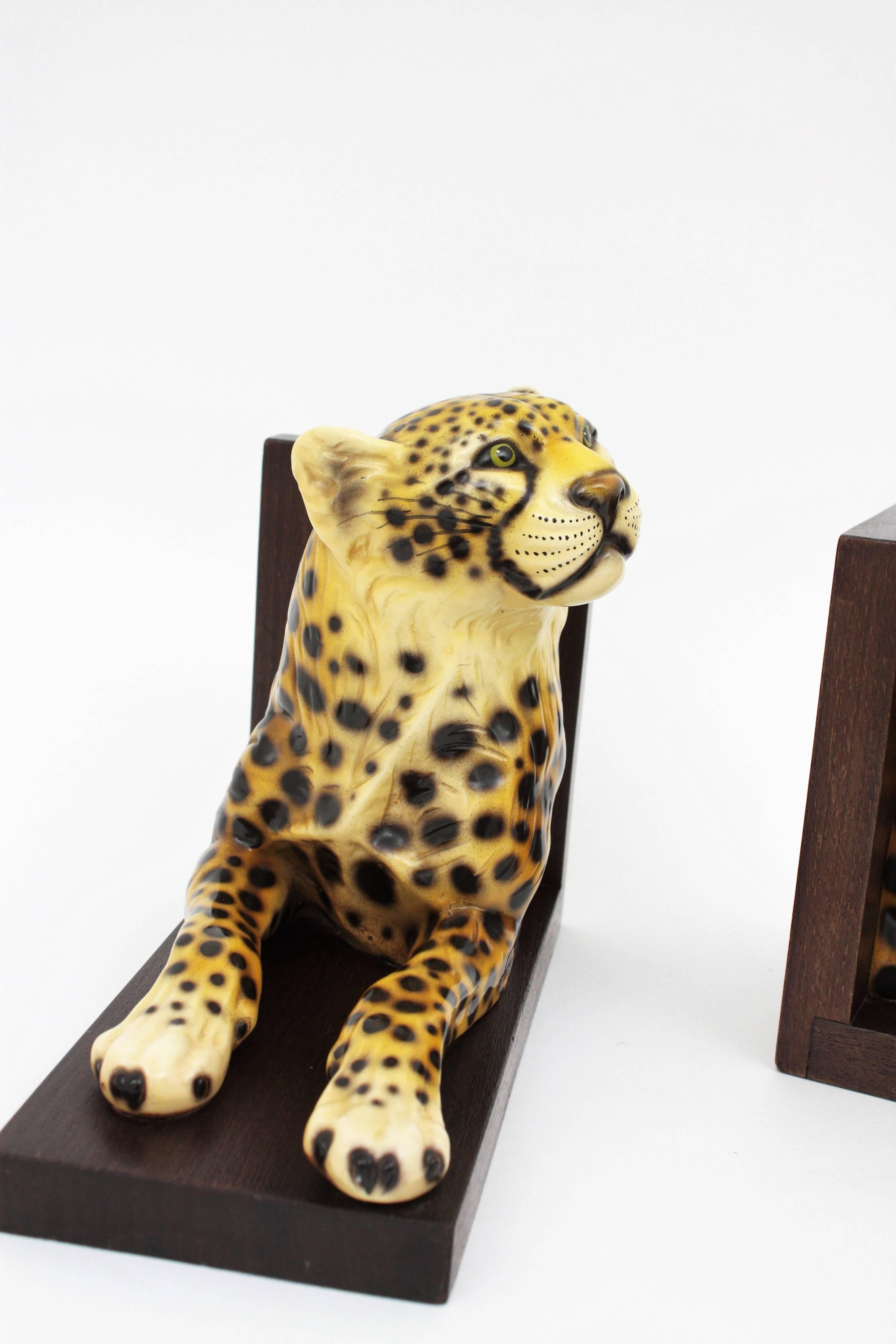 Italian Hollywood Regency Cheetah Ceramic Bookends, Set of Two 2